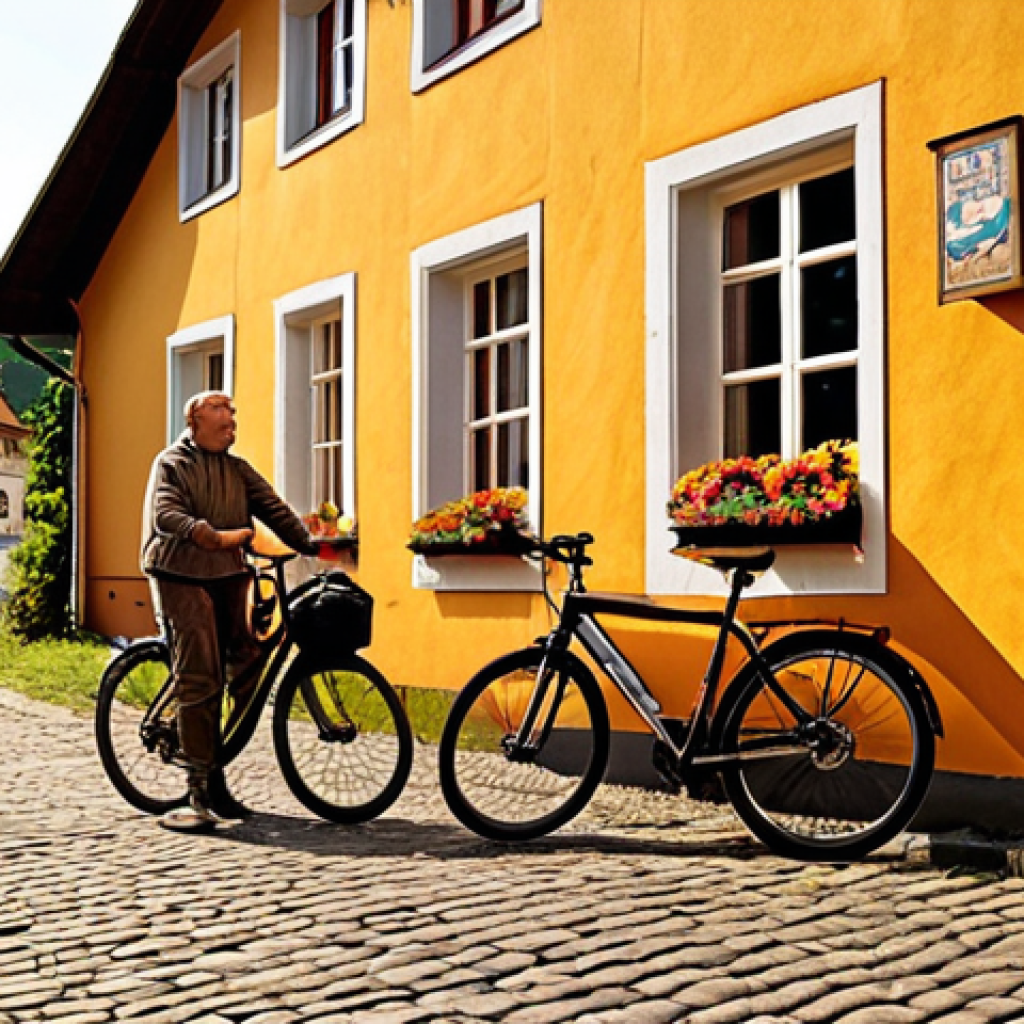 **Prompt:** A cozy, family-run "Gasthof" (traditional German inn) with a cyclist leaning their bike against the wall. The sun is setting, casting a warm glow. Show luggage in the background. Depict spontaneity and flexibility in sustainable travel, emphasize the support of local businesses by eating regional cuisine.