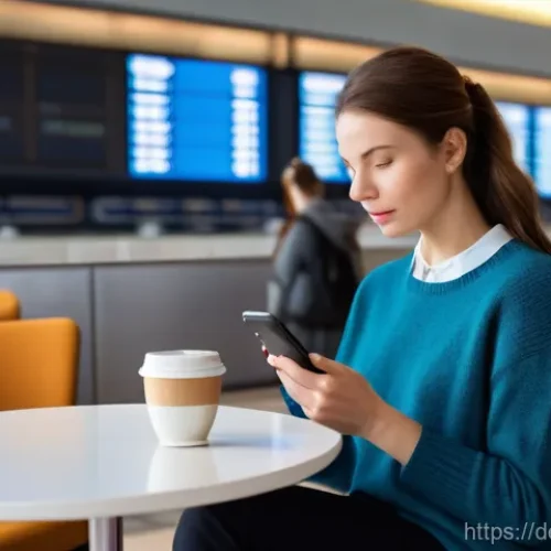 여행 일정 변경 시 대처 방법 - Calm Resilience Amidst Airport Chaos**

A realistic, high-definition photograph of a female traveler...