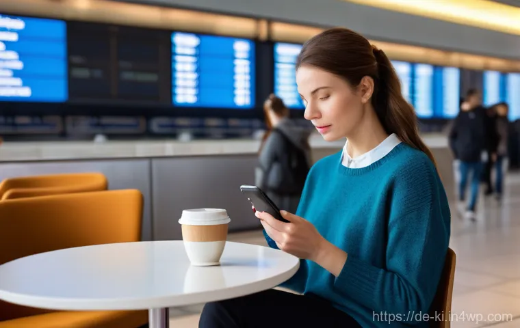 여행 일정 변경 시 대처 방법 - Calm Resilience Amidst Airport Chaos**

A realistic, high-definition photograph of a female traveler...