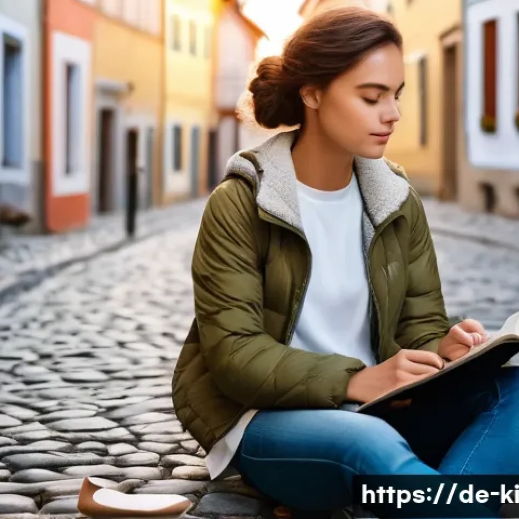 독립 여행의 매력을 경험한 사람들의 이야기 - A young solo traveler in casual, comfortable clothing and a light backpack, sitting on a cobblestone...