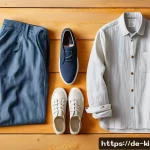 Home 22 여행 준비 시 준비물 체크리스트 - A stylish travel outfit laid out on a wooden surface, featuring lightweight breathable fabrics perfe...