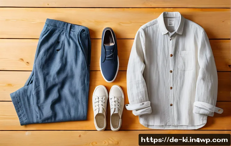 여행 준비 시 준비물 체크리스트 - A stylish travel outfit laid out on a wooden surface, featuring lightweight breathable fabrics perfe...