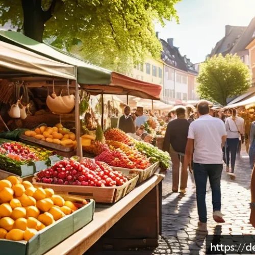Home 33 자유 여행에서의 순간 순간을 기록하는 방법 - A vibrant street market scene in a quaint European town during golden hour, capturing candid moments...