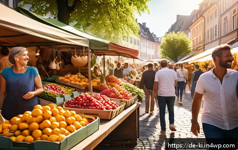 자유 여행에서의 순간 순간을 기록하는 방법 - A vibrant street market scene in a quaint European town during golden hour, capturing candid moments...