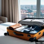 Home 20 여행 준비 단계에서의 체크리스트 작성법 - A neatly packed suitcase open on a bed in a bright, modern European hotel room, showing versatile ne...