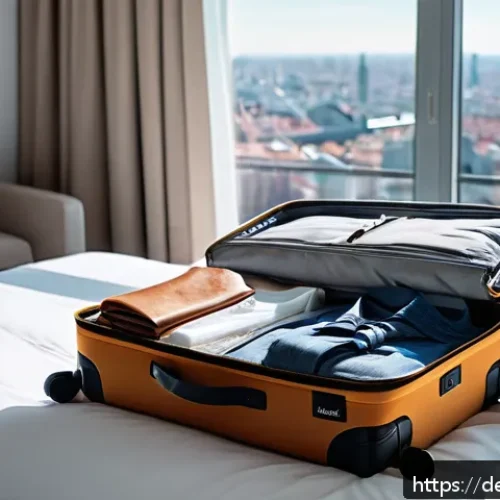 Home 32 여행 준비 단계에서의 체크리스트 작성법 - A neatly packed suitcase open on a bed in a bright, modern European hotel room, showing versatile ne...