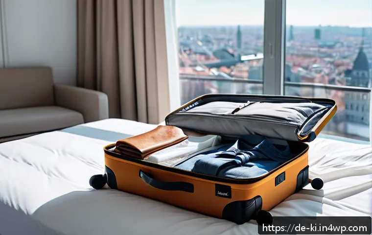 여행 준비 단계에서의 체크리스트 작성법 - A neatly packed suitcase open on a bed in a bright, modern European hotel room, showing versatile ne...