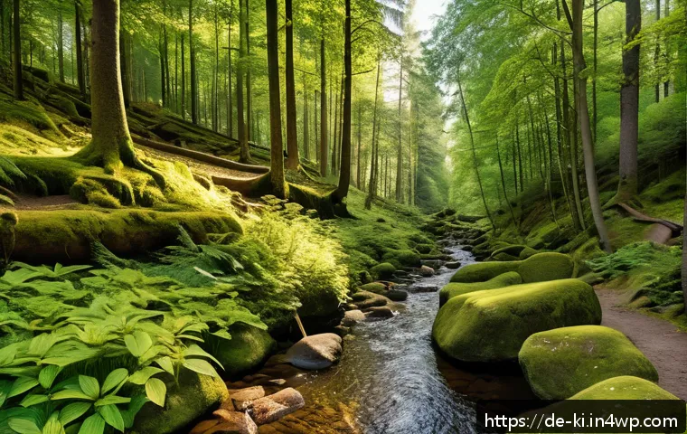 여행 중 즐길 수 있는 특별한 체험 - A serene, hidden hiking trail in the Harz mountains during early autumn, featuring dense green fores...