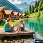 Home 18 여행 목적지 선택 시 확인할 사항 - A cozy European family-friendly vacation scene at a lakeside resort in the Alps during summer, showi...