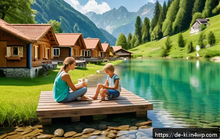 여행 목적지 선택 시 확인할 사항 - A cozy European family-friendly vacation scene at a lakeside resort in the Alps during summer, showi...