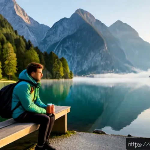 Home 17 혼자 여행하면서 느낀 것들 - Photorealistic solo traveler sitting quietly on a wooden bench beside Lake Königssee in Bavaria at d...