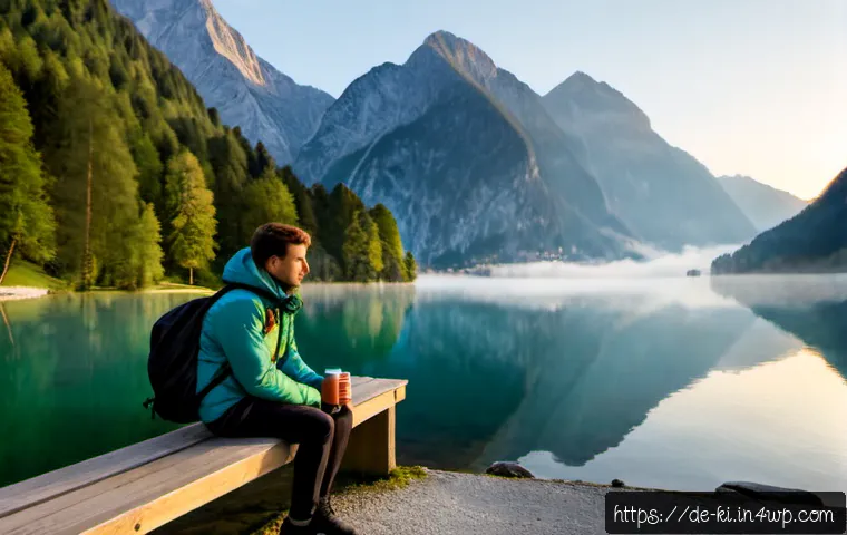 혼자 여행하면서 느낀 것들 - Photorealistic solo traveler sitting quietly on a wooden bench beside Lake Königssee in Bavaria at d...