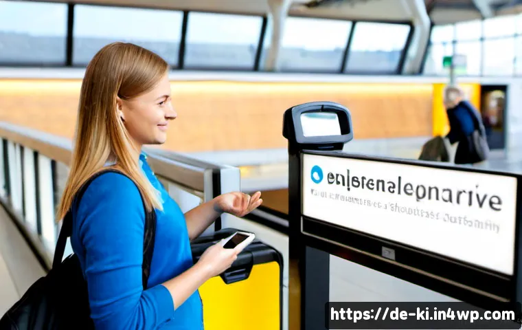 독립 여행을 위한 언어 장벽 극복 방법 - Photorealistic solo German traveler at a sunny European train station information desk, holding a sm...