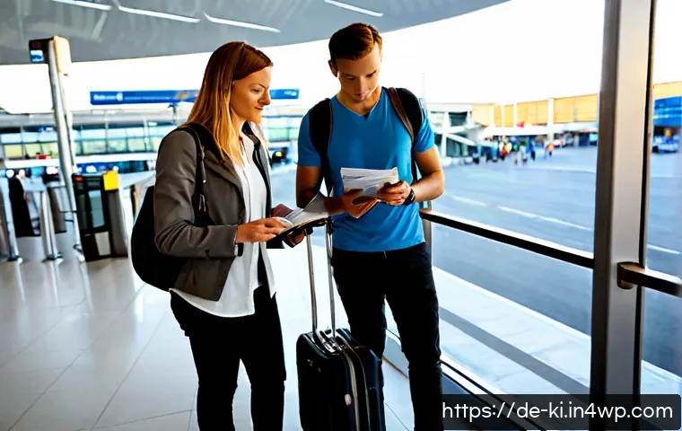 Home 17 여행 중 빠지기 쉬운 실수와 예방 방법 - Photorealistic travel-prevention scene at a modern European airport check-in area, a German couple i...