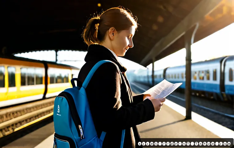 자유 여행의 매력을 느낄 수 있는 방법 - Photorealistic solo traveler standing at a quiet European railway platform in early morning, holding...